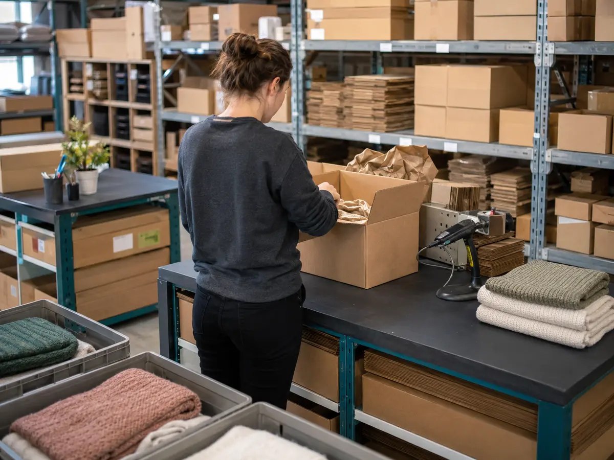 Heimtextilien werden in einem Fulfillment-Lager verpackt