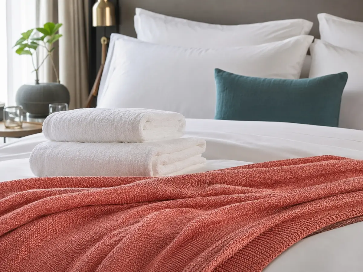 Weiße Hotelbettwäsche, Handtücher und textile Akzente